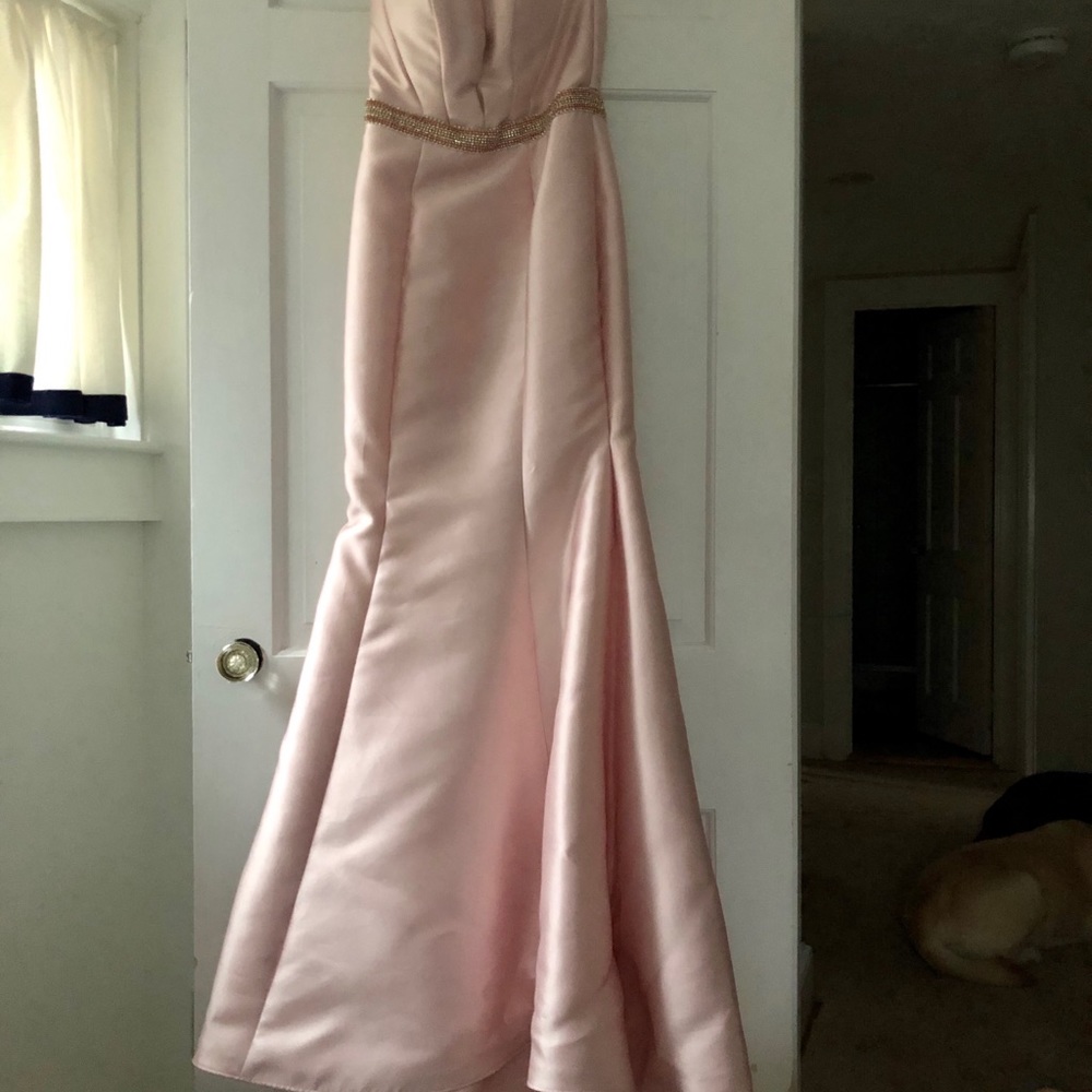 Blush pink evening gown prom pageant strapless
